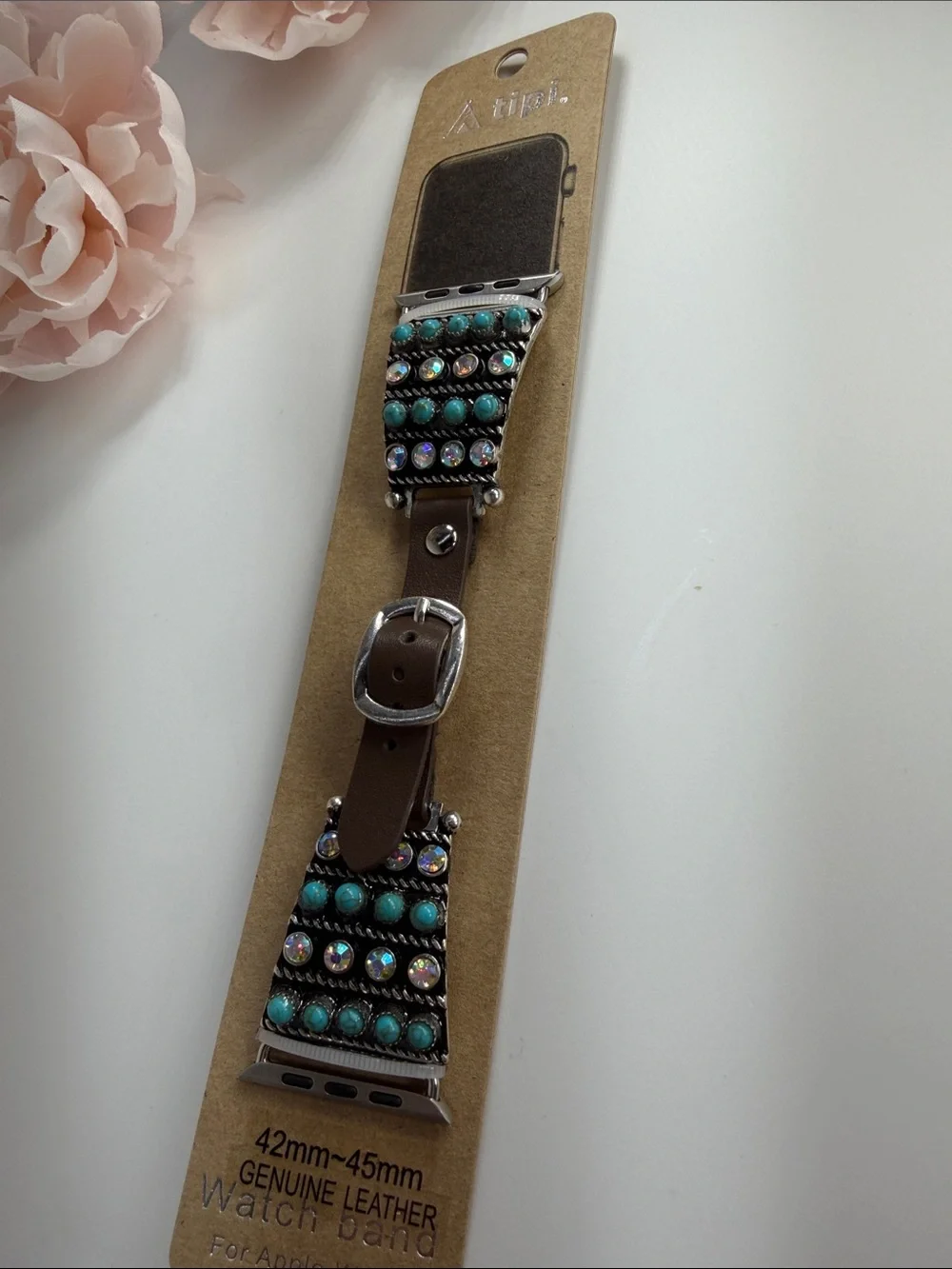 Brown Leather watch Band with Turquoise Beading 42mm~45mm